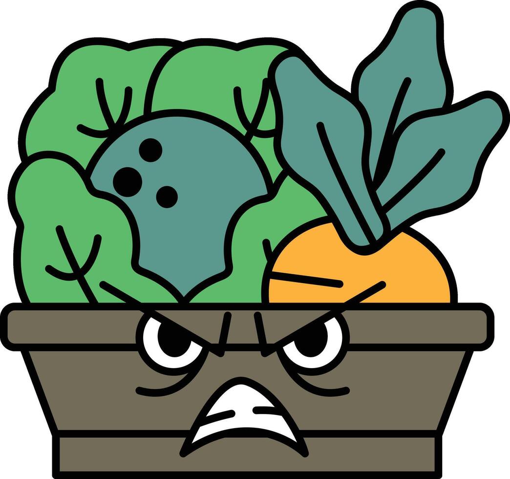 A cartoon of a vegetable bowl with a face that looks angry vector