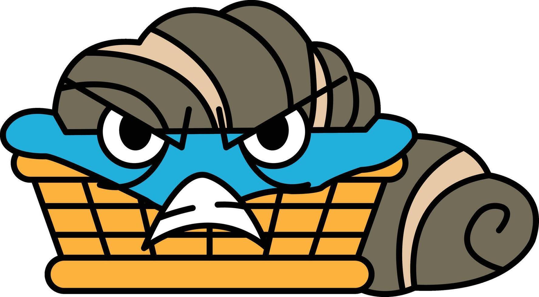 A Croissant Bread cartoon character with a scowl on its face is sitting in a basket vector