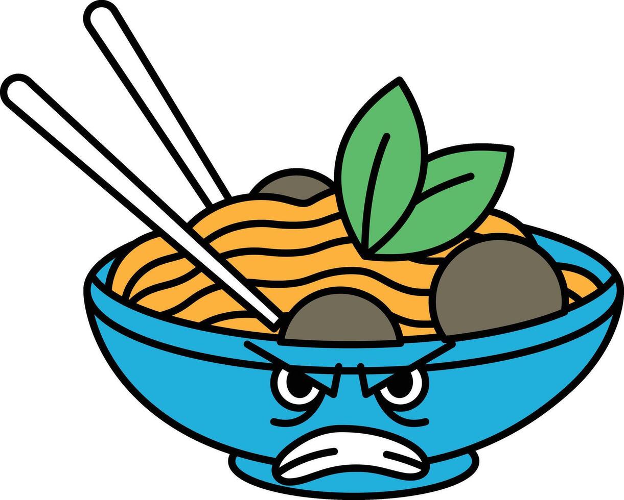 A cartoon bowl of noodles with chopsticks and a leaf on top vector