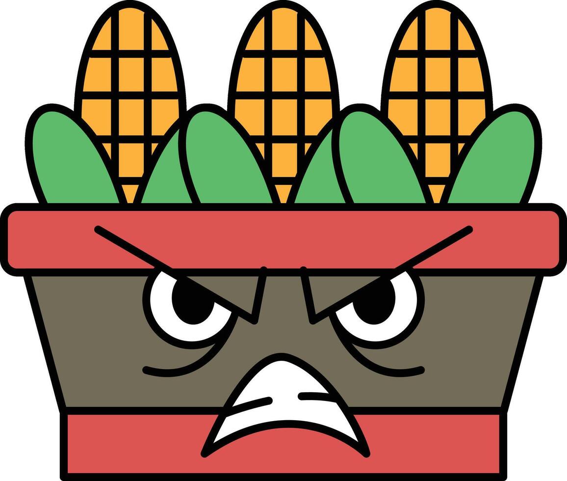 A cartoonish face with a frowning expression and a red pot with corn vector