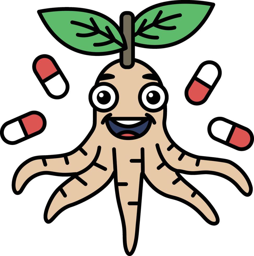 A cartoon of a plant with a smiling face and a pill bottle in the background vector