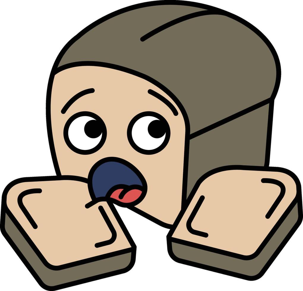 A cartoon bread loaf with a mouth open and tongue sticking out vector