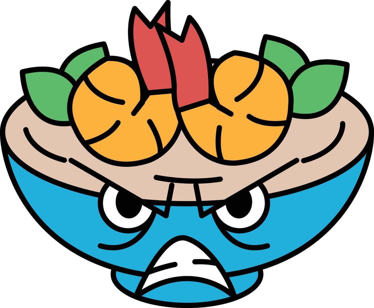 A cartoonish drawing of a bowl of food with a blue face and angry eyes vector