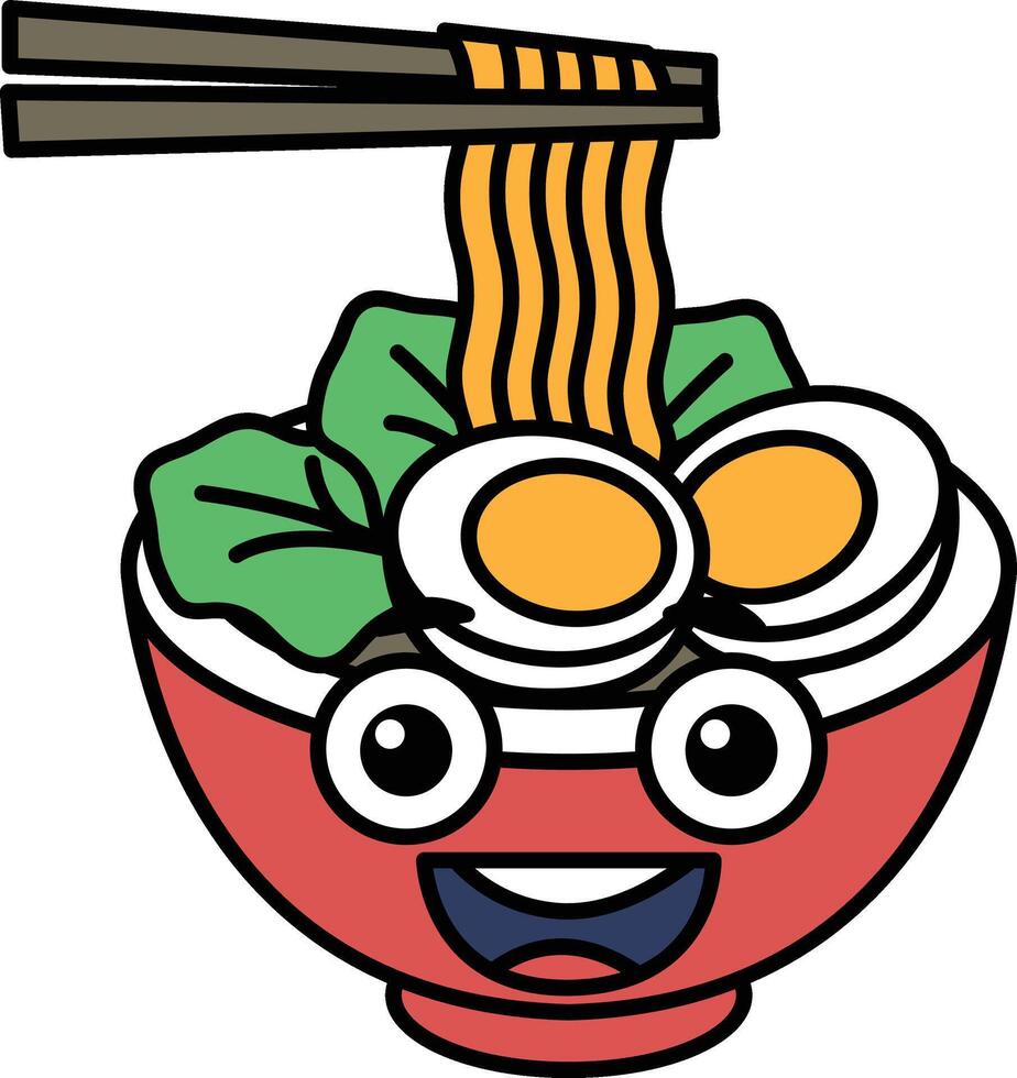 A cartoon bowl of ramen noodles with a smiling face and chopsticks vector