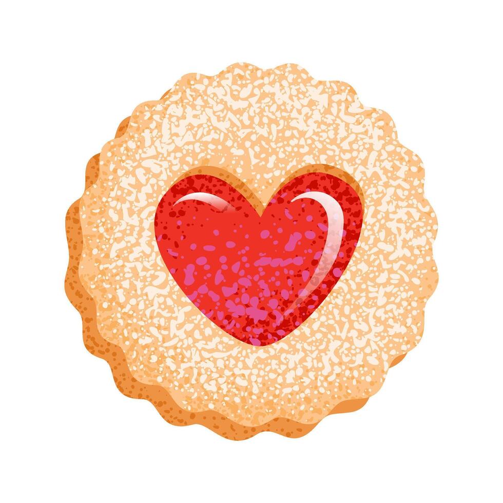 Cookie with heart shaped jam. Sweet love symbol. Linzer cookie with sugar powder for Happy Valentines Day, Christmas, New Year cards, stickers, wrapping paper, and banners. Flat illustration. vector