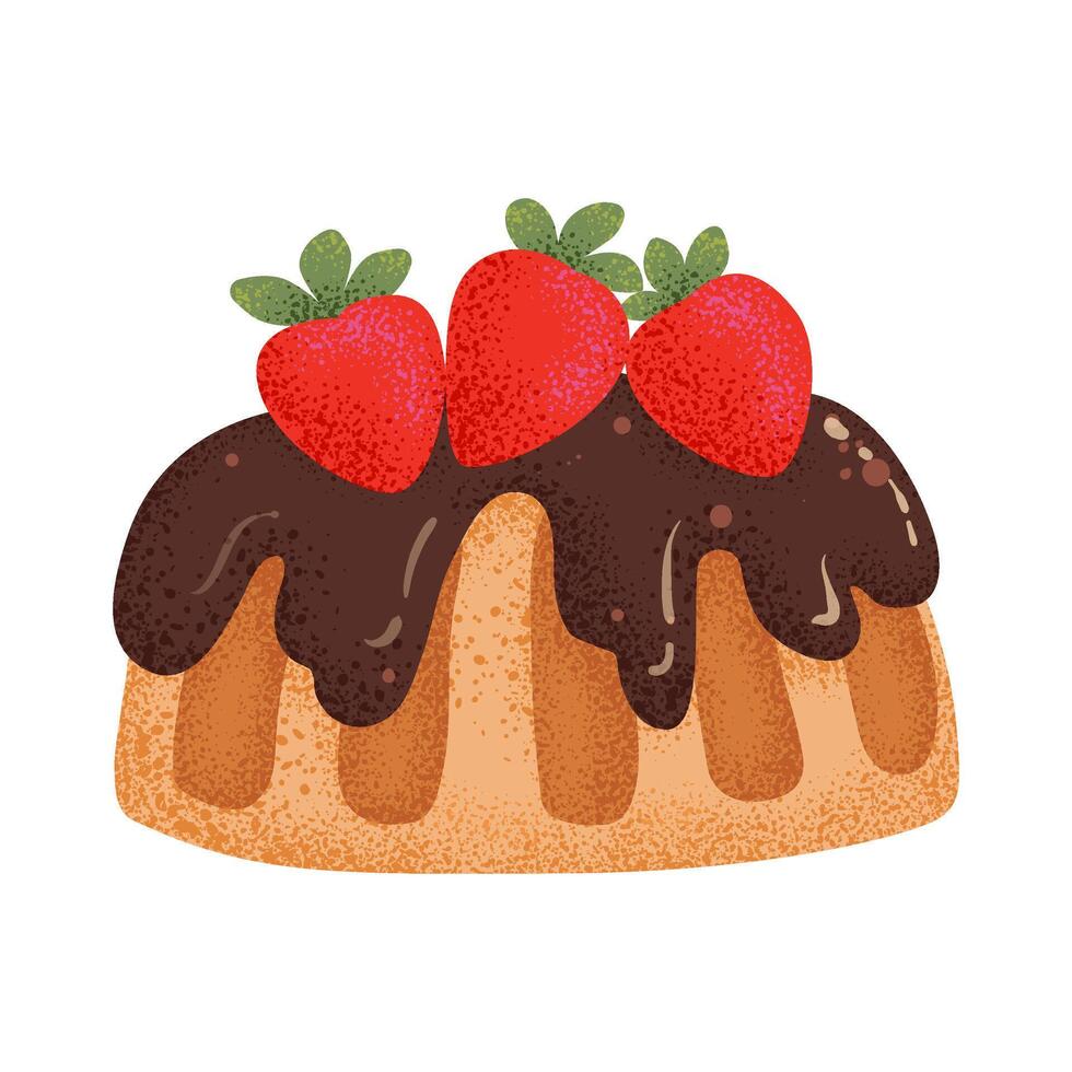 Strawberry cake with chocolate frosting. Sweet pie dessert in cartoon style. Food illustration for stickers, cards, banners. vector
