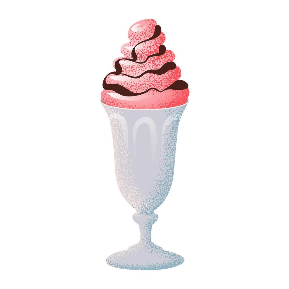 Milkshake with whipped cream and chocolate. Cherry or strawberry milk shake glass. Refreshing summer pink cocktail. Flat illustration in a cartoon style illustration. vector