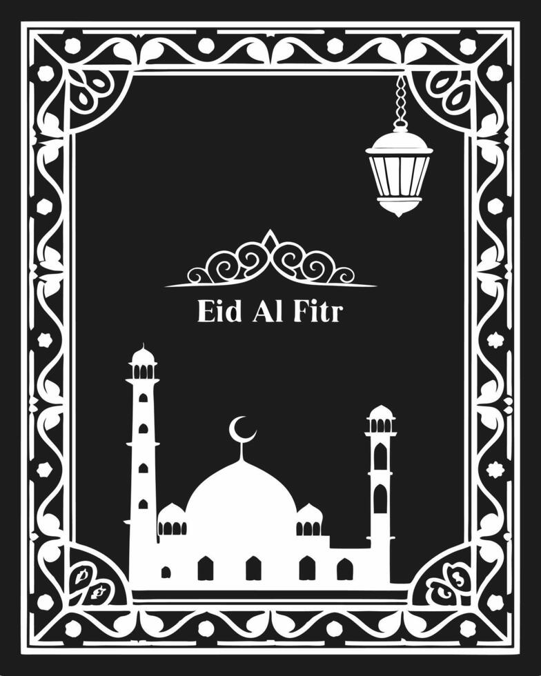 Eid Al Fitr design with mosque and lantern white silhouette for business use vector