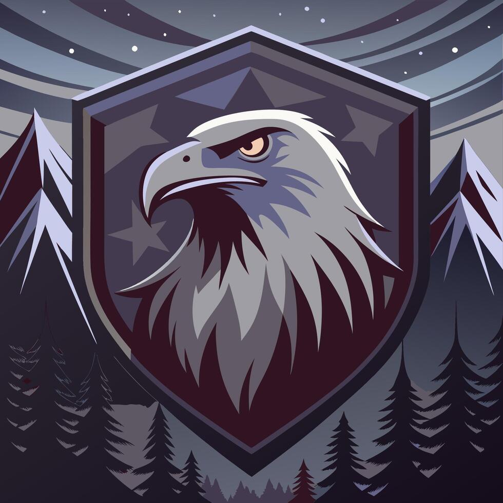 Powerful Eagle Crest with Forest and Shield Design Illustration vector