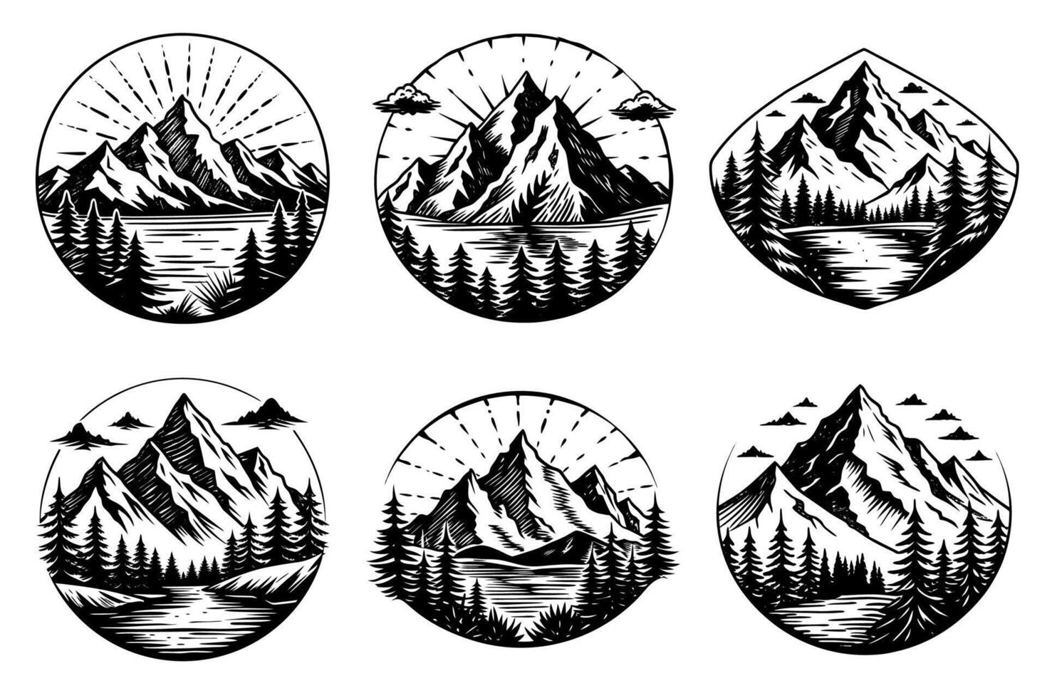 Monochrome Logo Badge Templates with Mountains and Outdoor Adventure Theme vector
