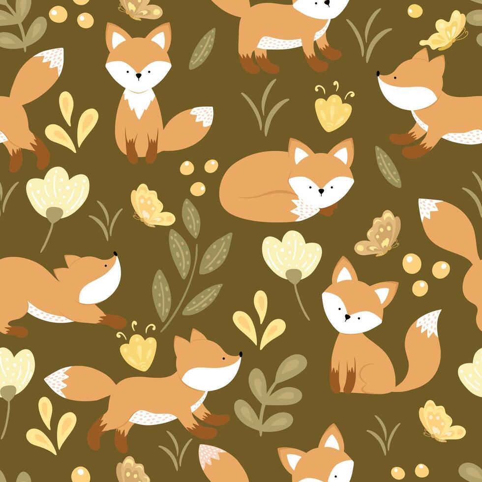 Seamless pattern with a little fox, butterfly and flowers. vector