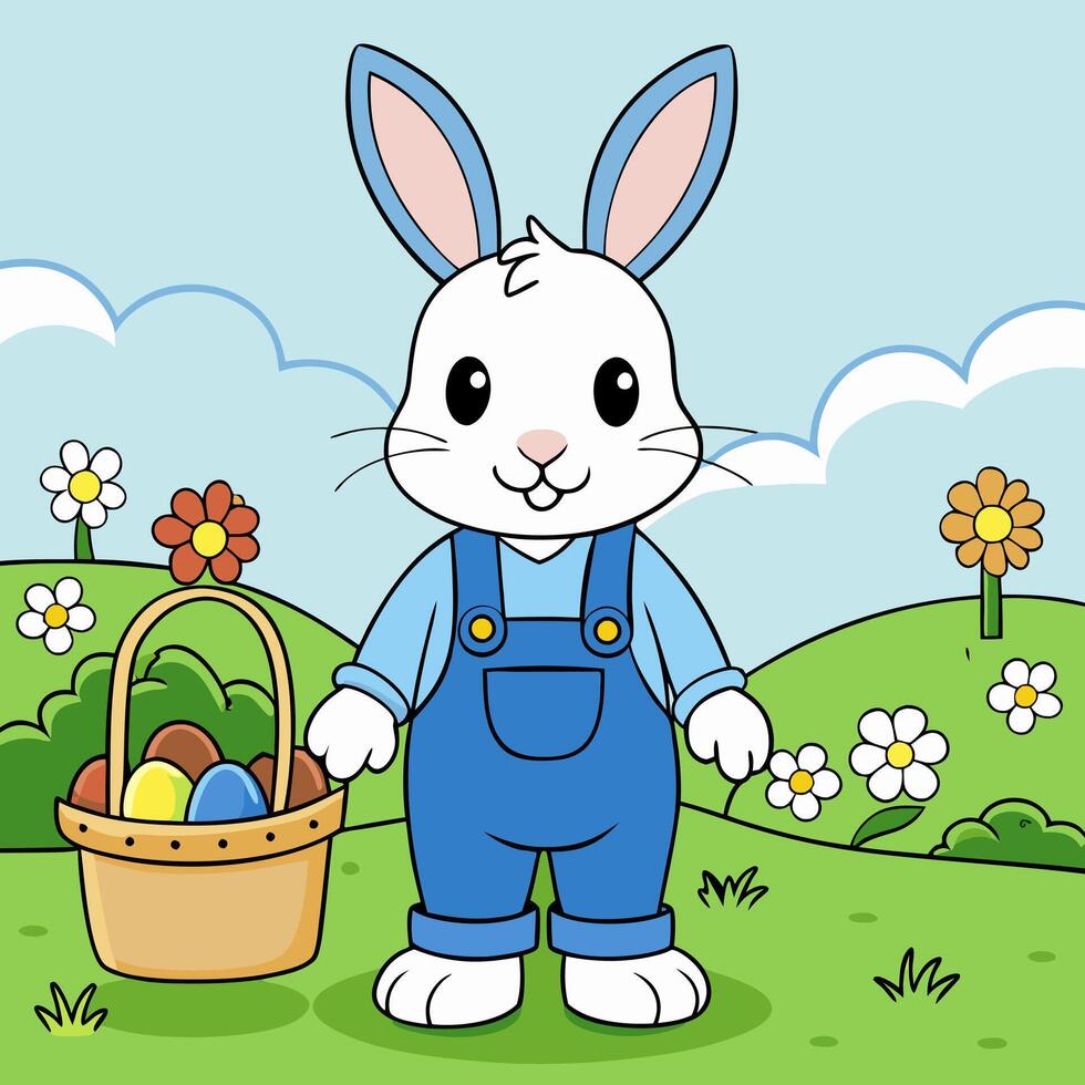 A bunny in a blue jumpsuit. Basket with eggs. Easter vector