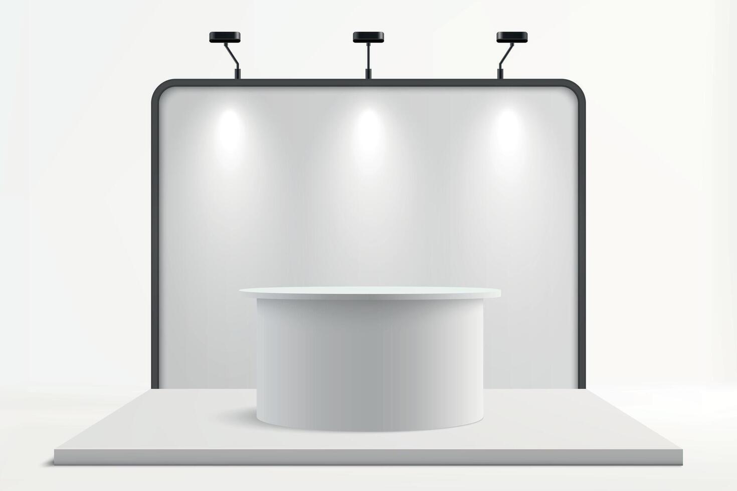 Exhibition Display Booth with Cylindrical Platform and Spotlights vector
