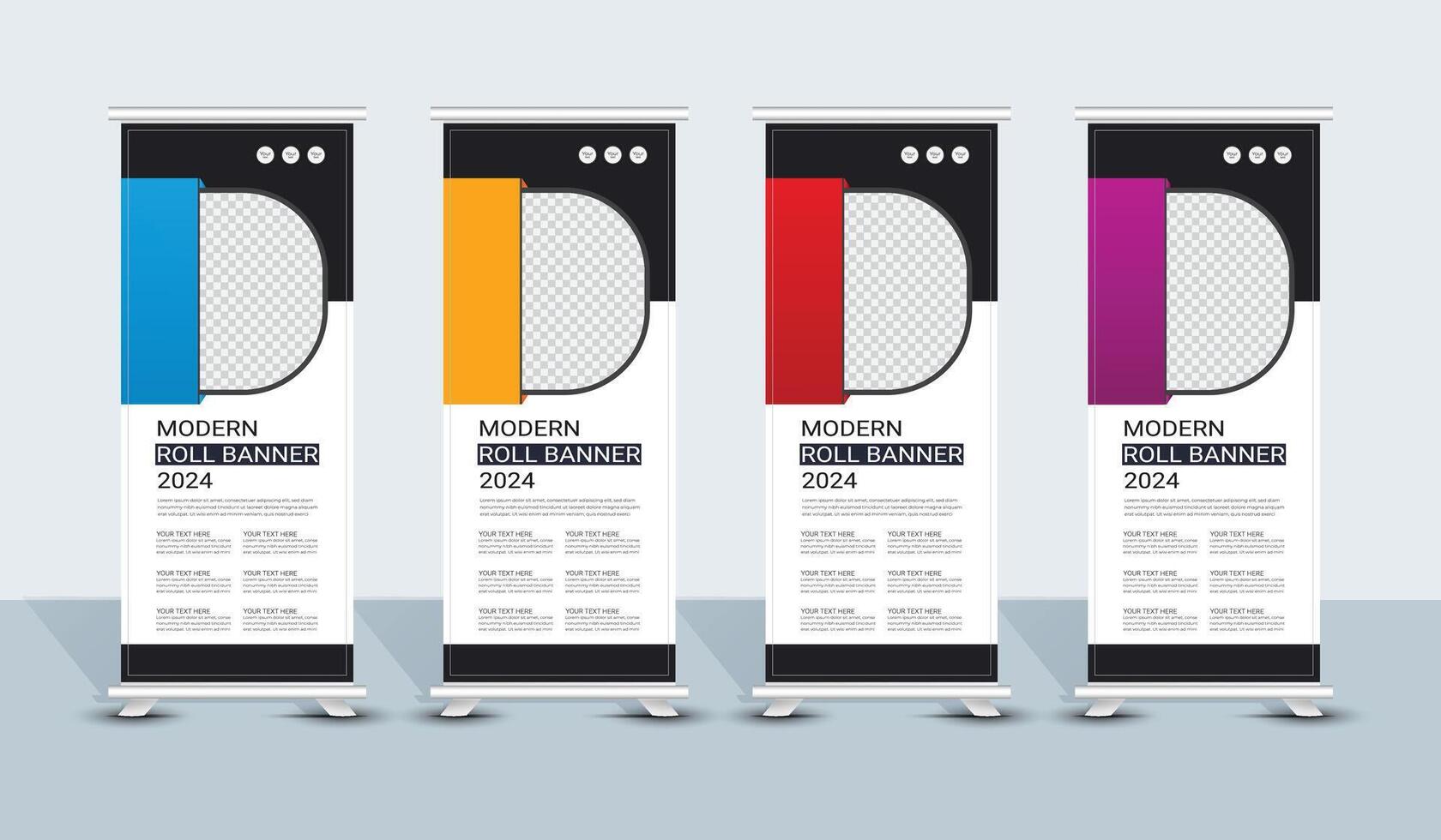 Modern and stylish blue, yellow, red, purple roll up banner template design. Premium pull banner vector
