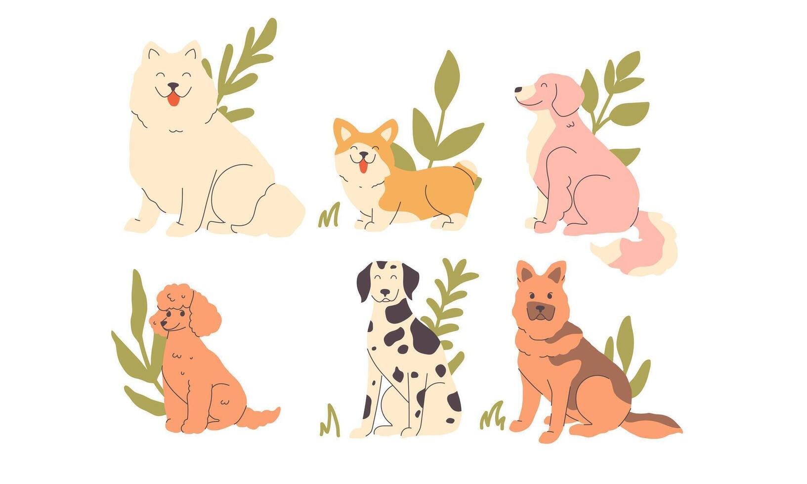 Set of cute dogs in flat style. Poodle, sheepdog, samoyed, retriever, corgi, dalmatian vector