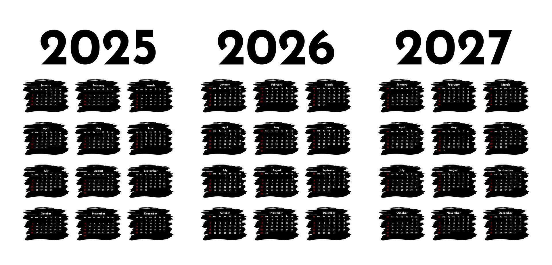 Set of calendars for 2025, 2026 and 2027 on a white vector
