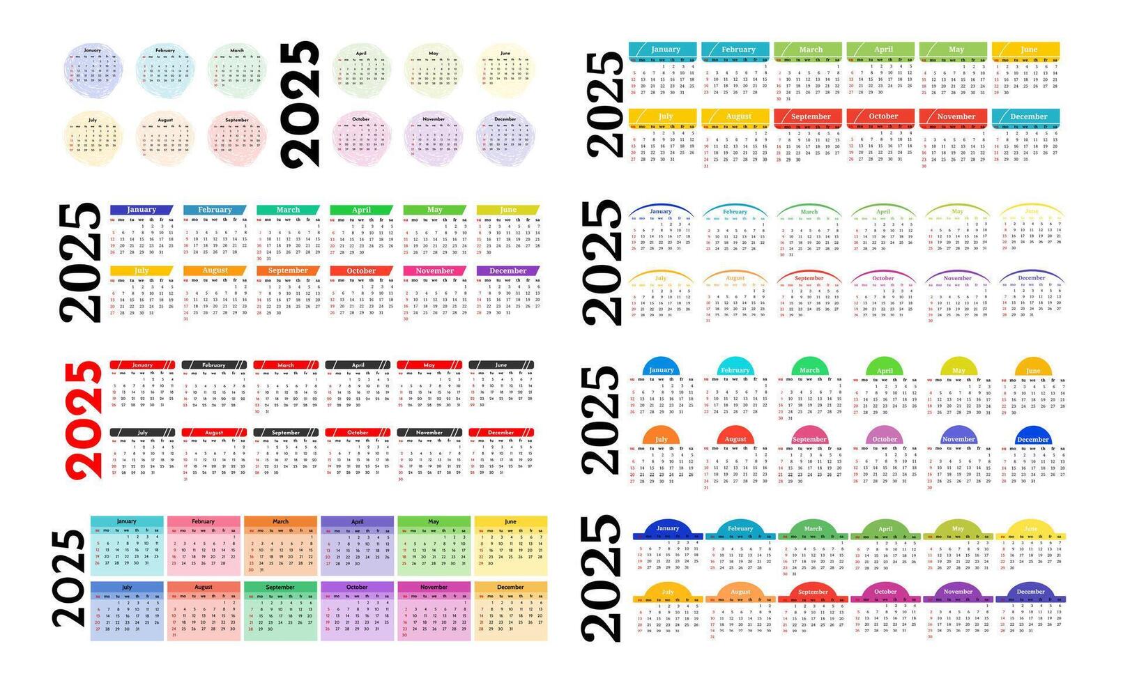 Set of eight calendars for 2025 vector