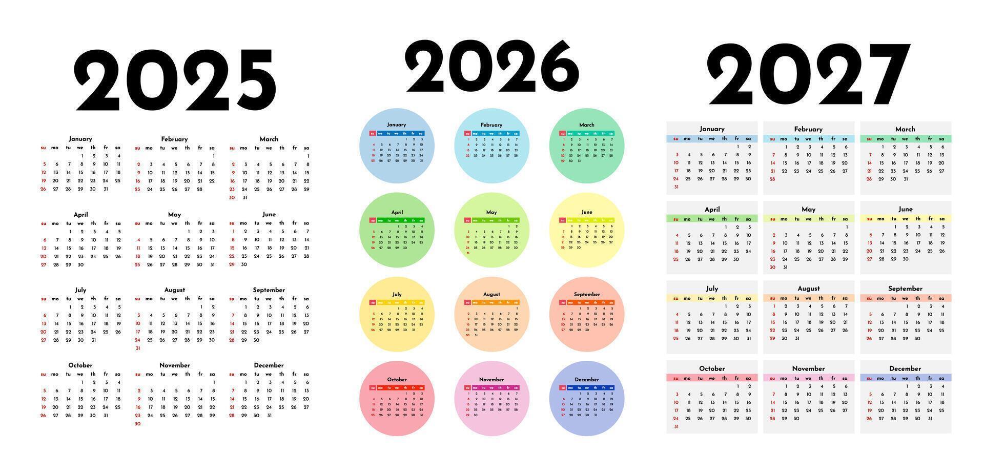Set of calendars for 2025, 2026 and 2027 vector