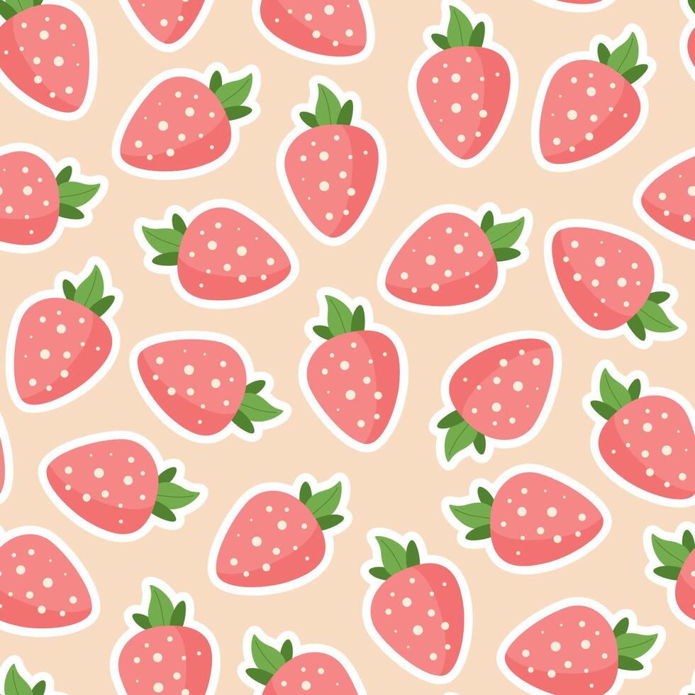 Seamless strawberry sticker pattern in hippie style. Pink cute strawberries background for fabric, wrapping paper and other designs. vector