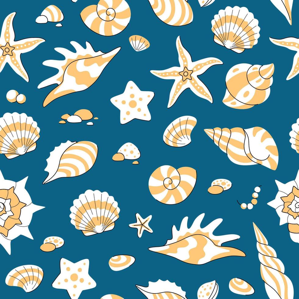 Sea Shell pattern. Seamless marine pattern with colorful shells and starfish. Perfect for fabric, wallpapers, and creative projects. vector