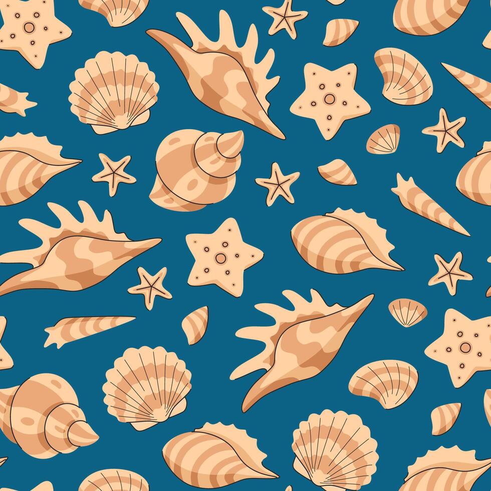 Shells and starfish seamless marine pattern. White mollusks on sea background. Perfect design for wallpaper, fabric and other. vector