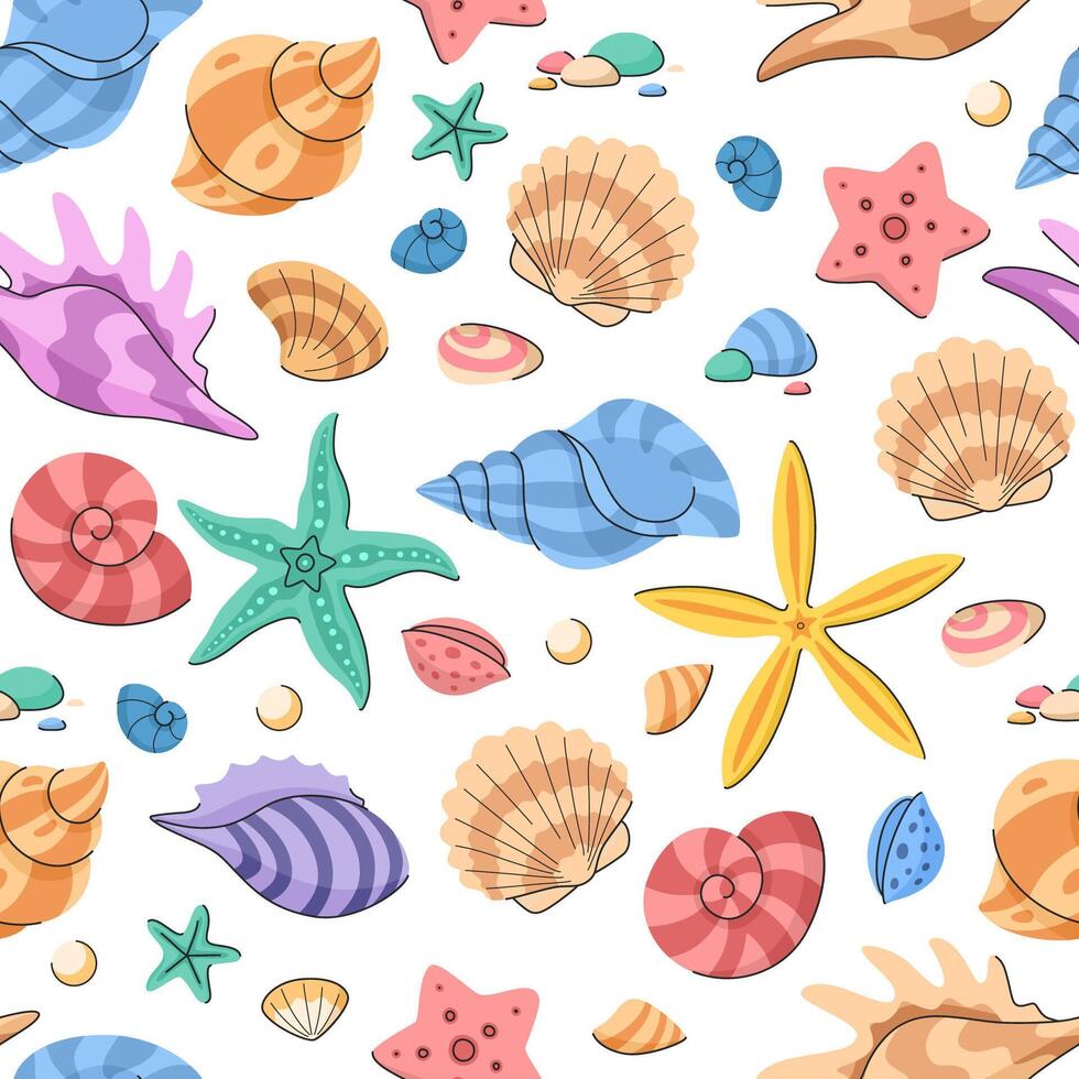 Children's cartoon seamless sea pattern with colorful shells and starfish. Bright tropical sea background. Summer hand drawn background for wallpaper and fabric. vector