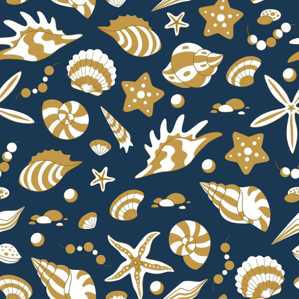 Marine life seamless pattern. Seashells and starfish in white and gold on blue background. Elegant marine background. vector
