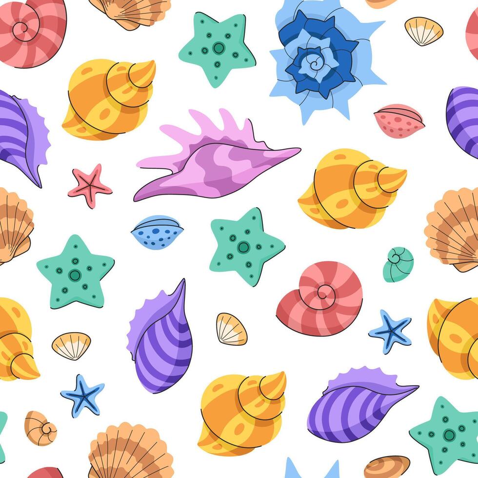Cute bright seamless pattern of seashells and starfish. Tropical summer sea background. Great design for fabric, wallpaper and textile. vector