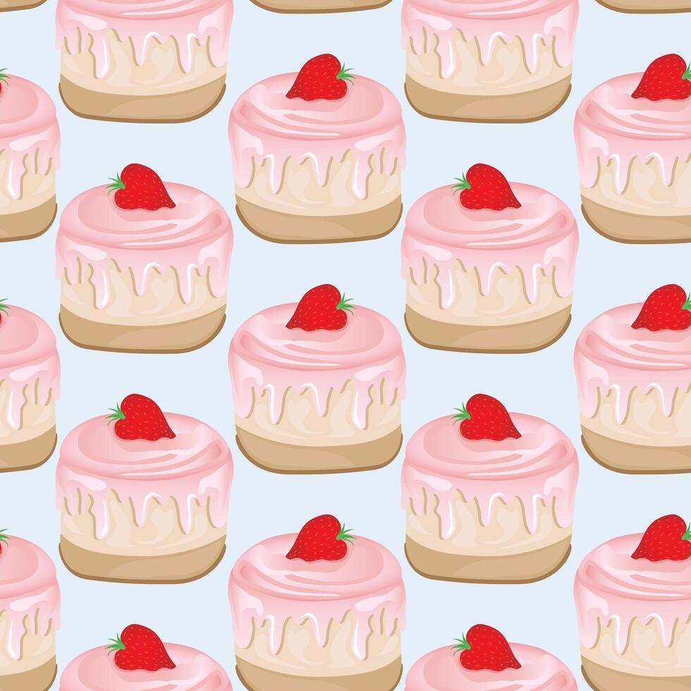 Seamless pattern for kitchen decor and more. Delicious cupcake with whipped cream and strawberry. Cartoon illustration of sweet food on blue background. vector
