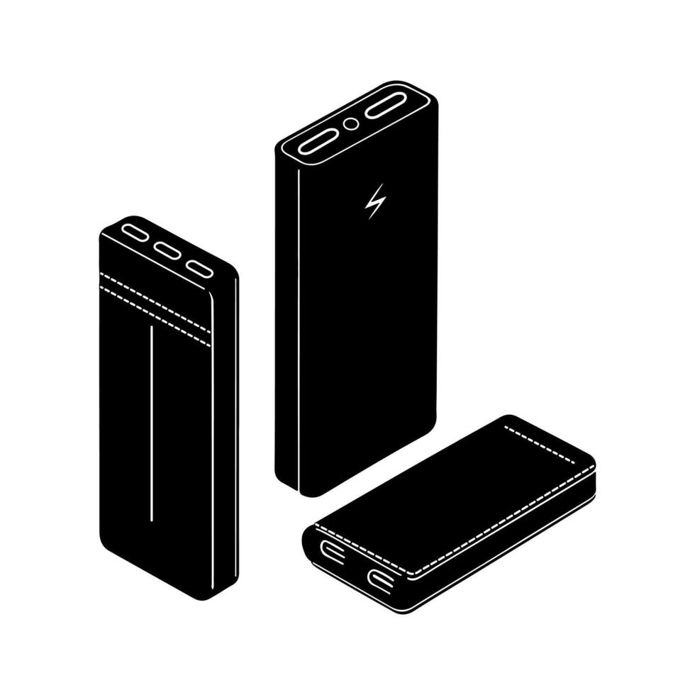Minimalist black and white power bank illustration with usb ports. vector