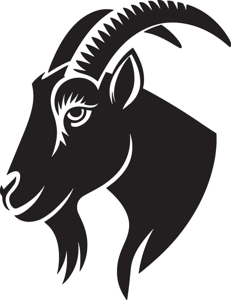 goat head with long horn silhouettes black and white line art vector