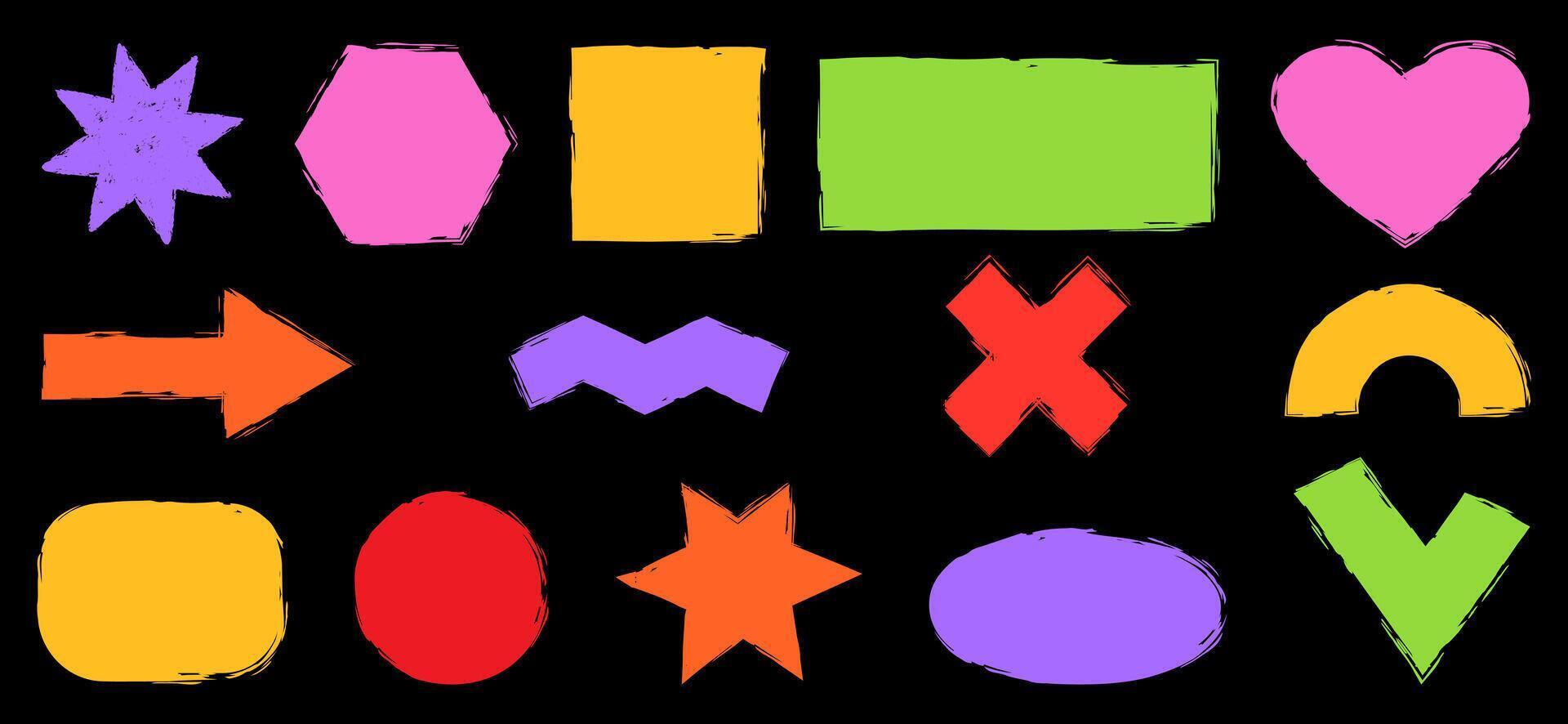Colorful geometric shapes on black background. Graphic texture elements painted with grunge brush vector