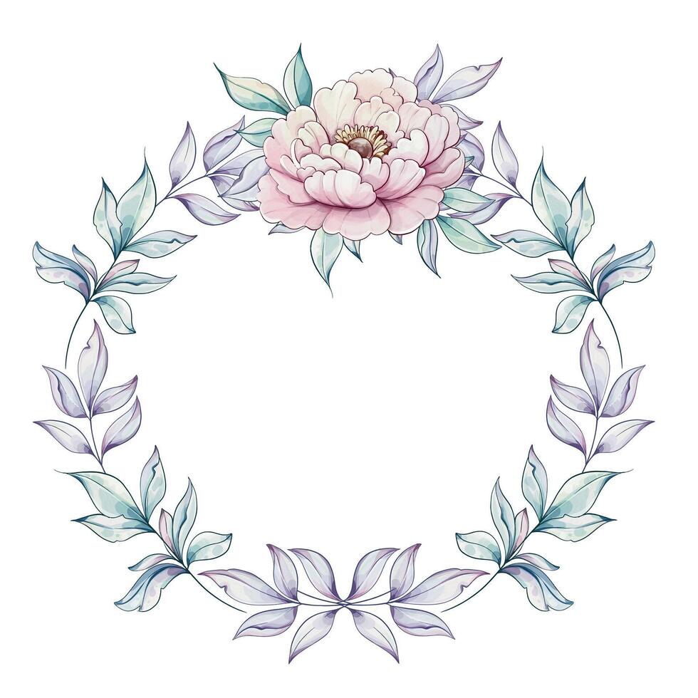 Soft pink peony surrounded by graceful green leaves creates a calming and elegant floral wreath, perfect for various artistic uses. vector