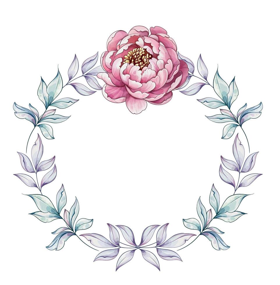 A beautiful arrangement of a pink peony surrounded by graceful leaves showcases intricate watercolor techniques and a tranquil aesthetic. vector