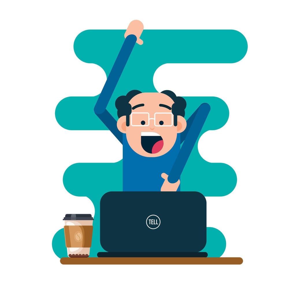 Happy man with laptop and coffee cup. Flat style vector