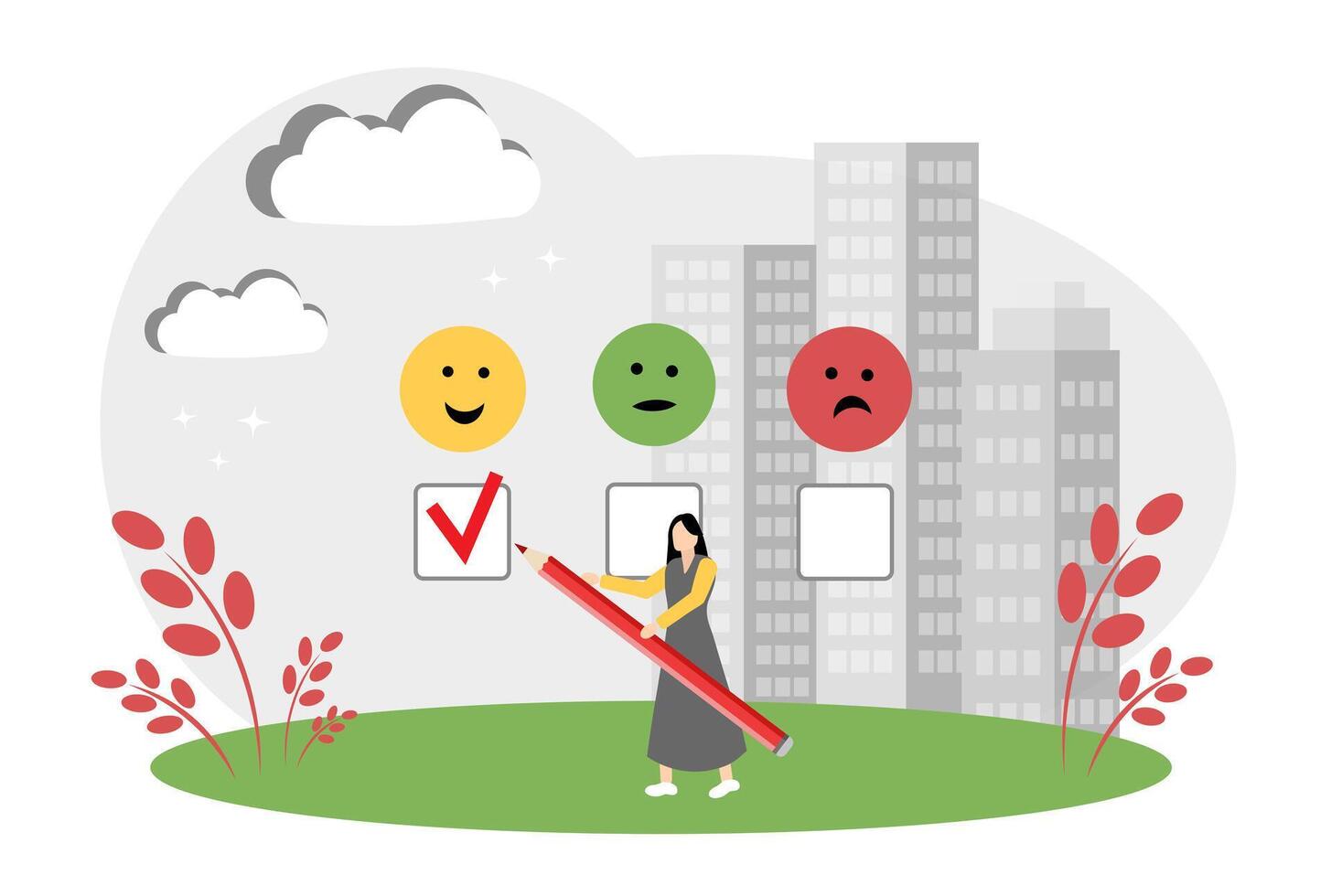 The concept of positive thinking, mental health and good mood. Woman and emoticons vector