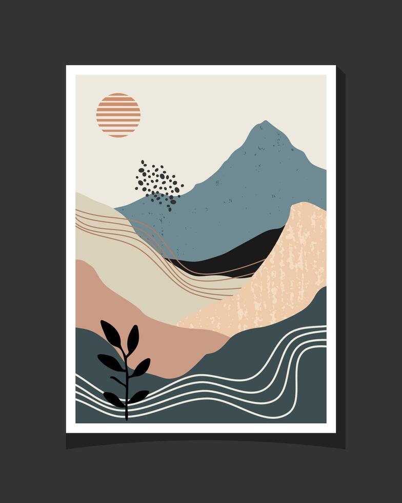 Stylized mountain views with textures and sun with warm colors, creating a calm atmosphere vector