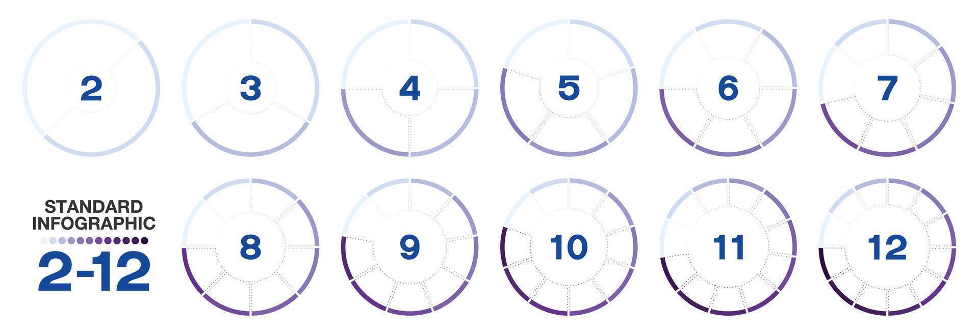 Set standard circle infographic with 2 to 12 steps, blue tone. vector