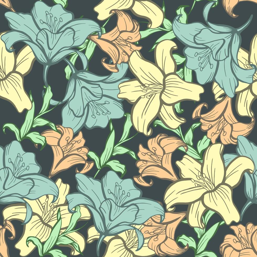 Seamless pattern of Lily flower dark vintage colors palette. vector