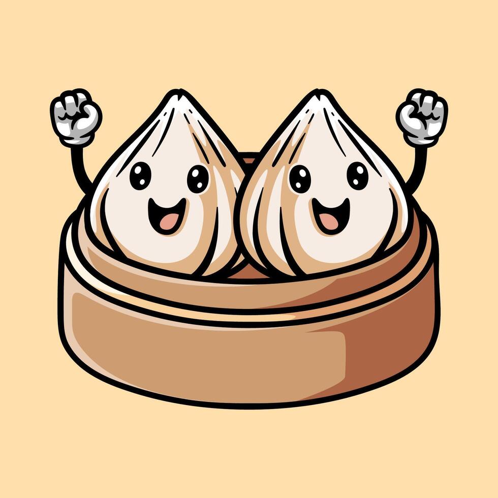 fun twin dim sum dumpling colored cartoon character isolated drawing line art style sketch classic vintage design illustration vector