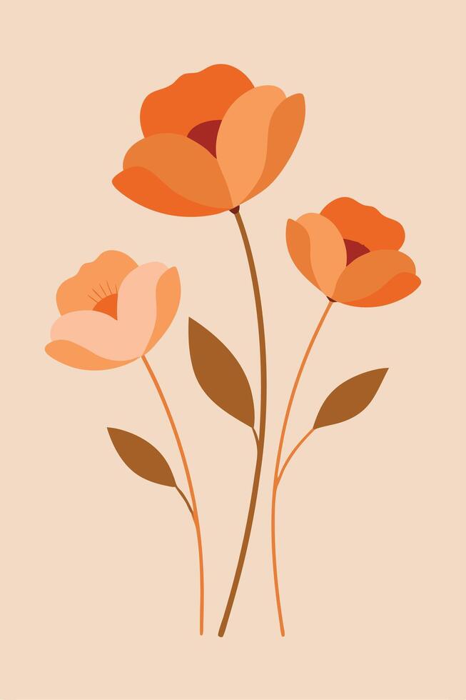 Abstract Orange Flowers, Minimalist Botanical Art Print vector