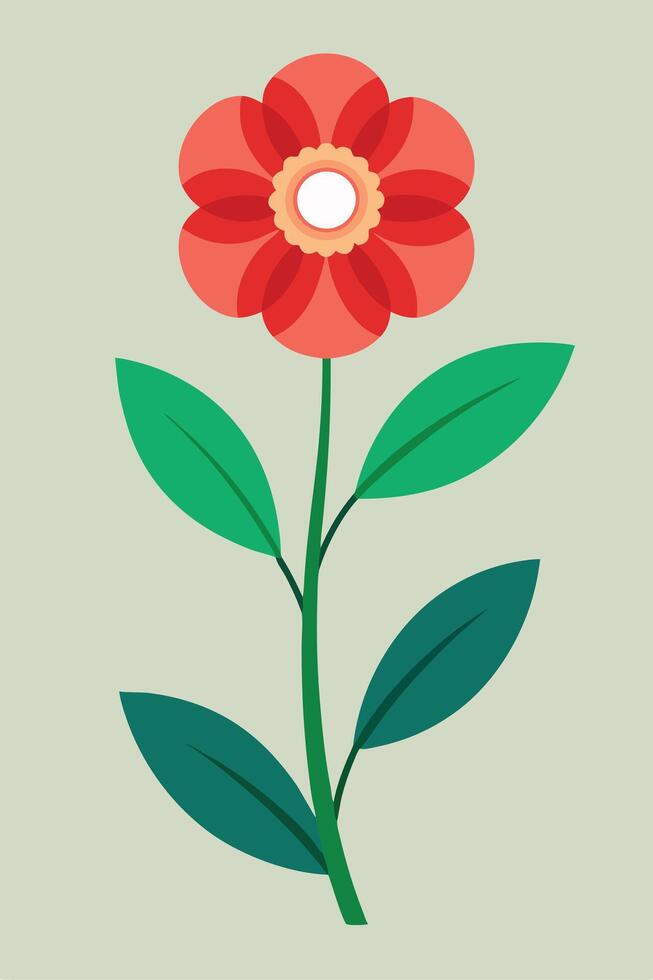 Red Flower Illustration Simple Botanical Design, Green Leaves, Stem vector