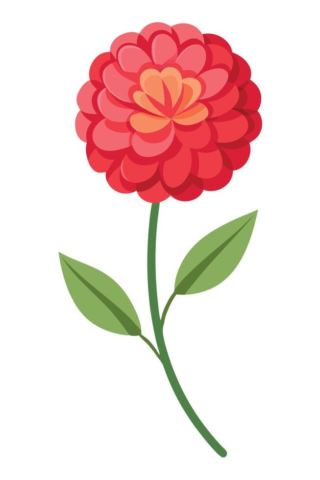 Single Red Flower Blossom, Green Stem, Two Leaves, Botanical Illustration vector