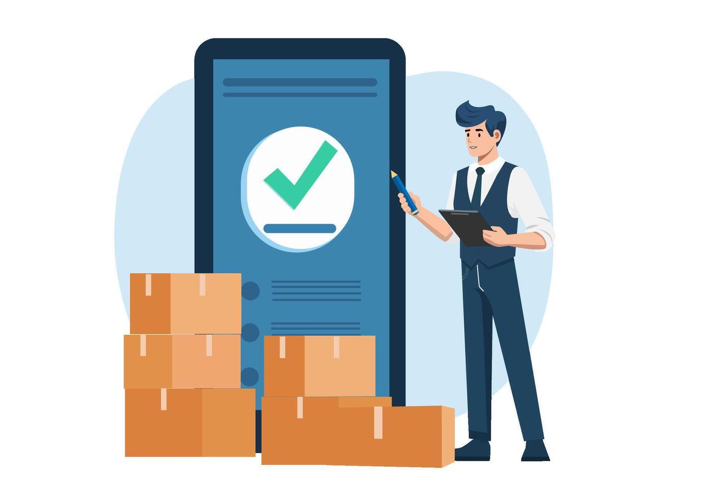 Staff with clipboard and check marks for stock quality reports, quality control of cardboard package boxes Before delivering to customers vector