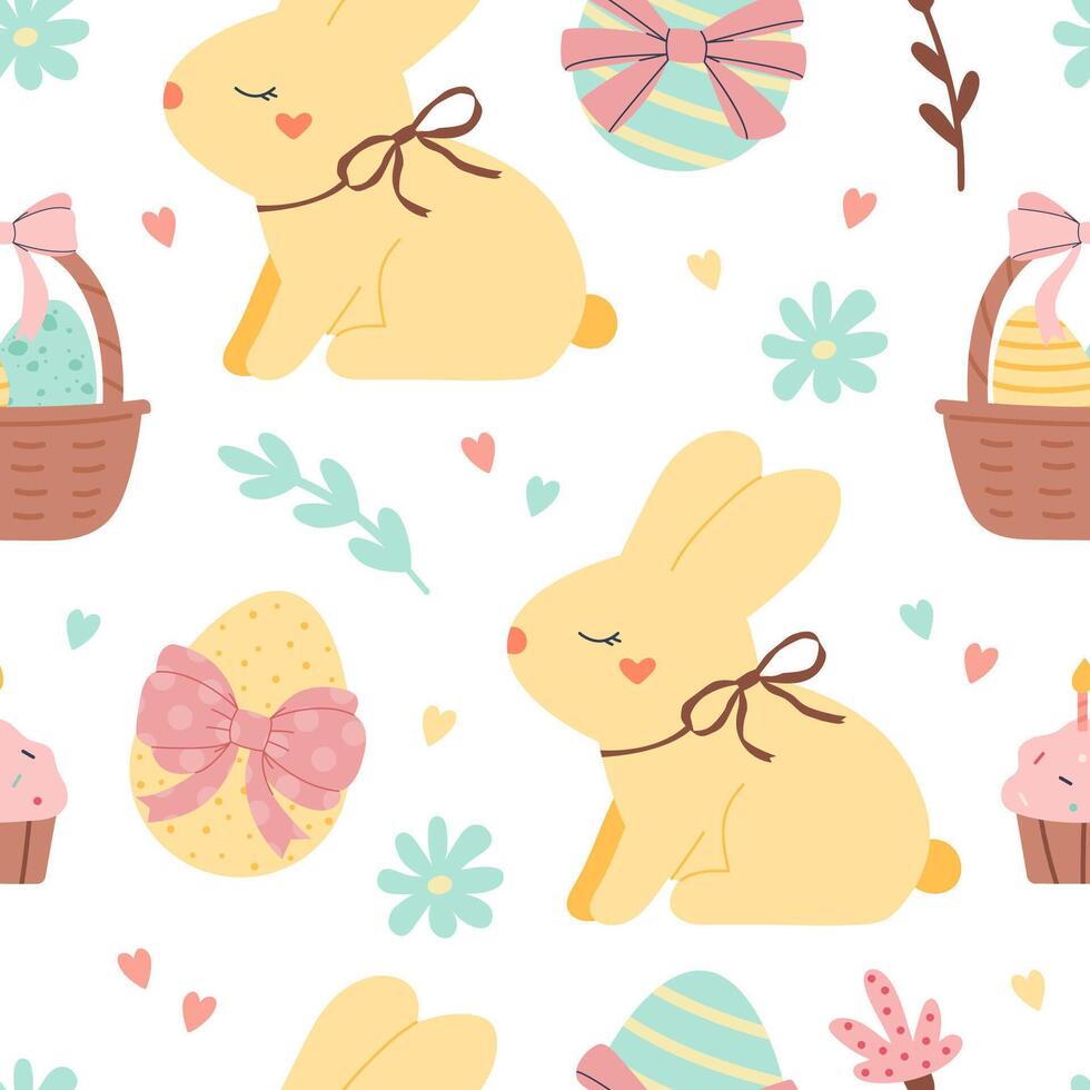 Seamless easter pattern with yellow bunny, eggs vector