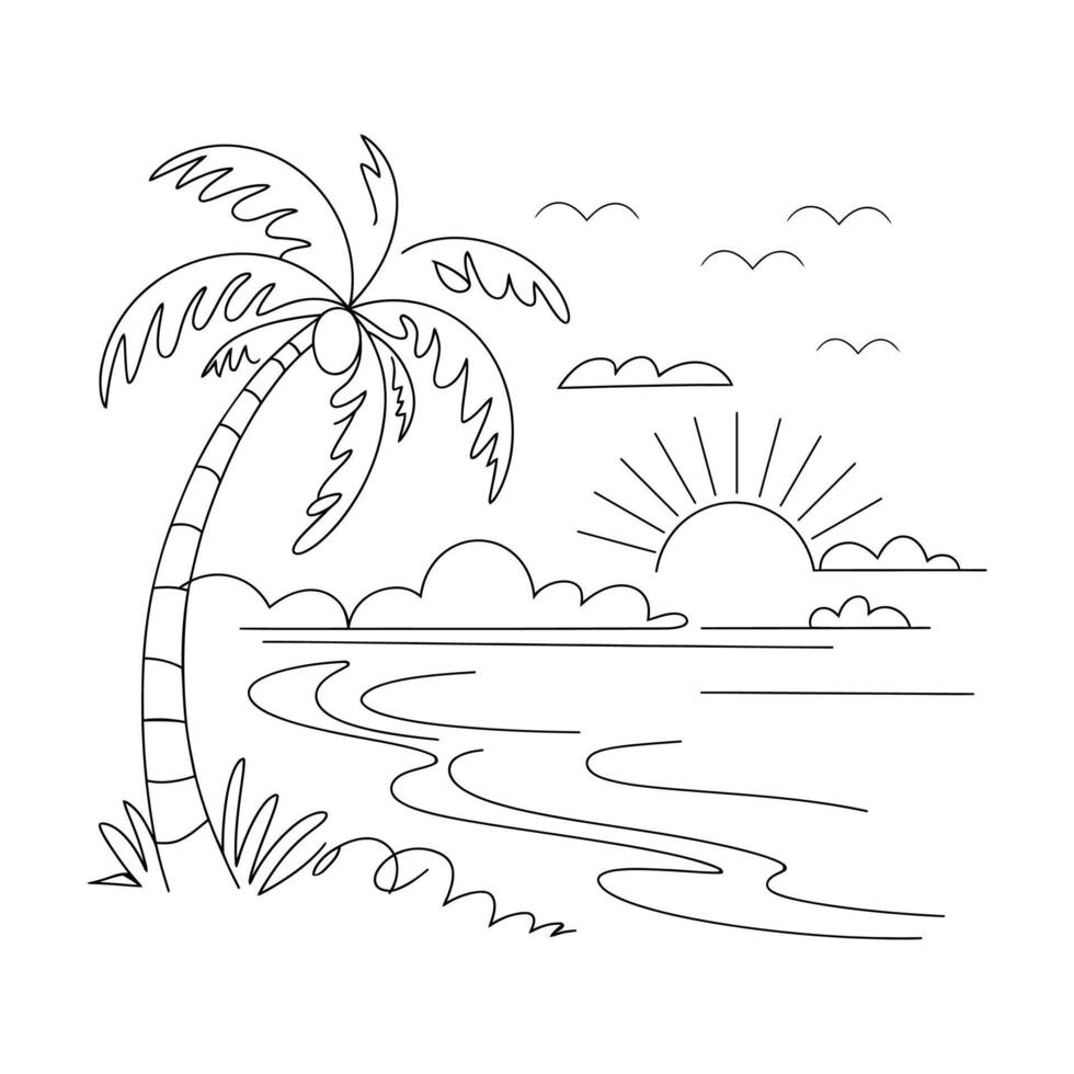 Simple Line Art Illustration of a Tropical Beach Sunset On Isolated vector