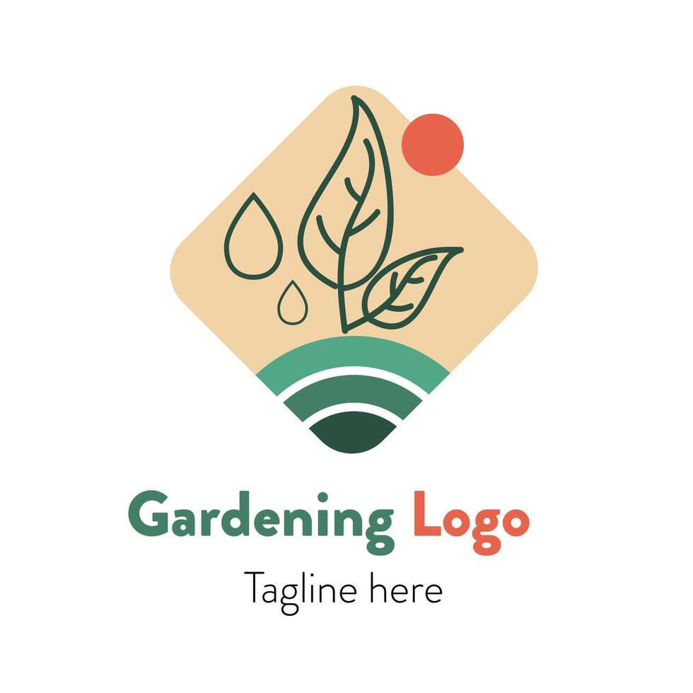 Gardening or planting ecology based logo with leaf line art and water drops illustration with dummy text on white background. vector