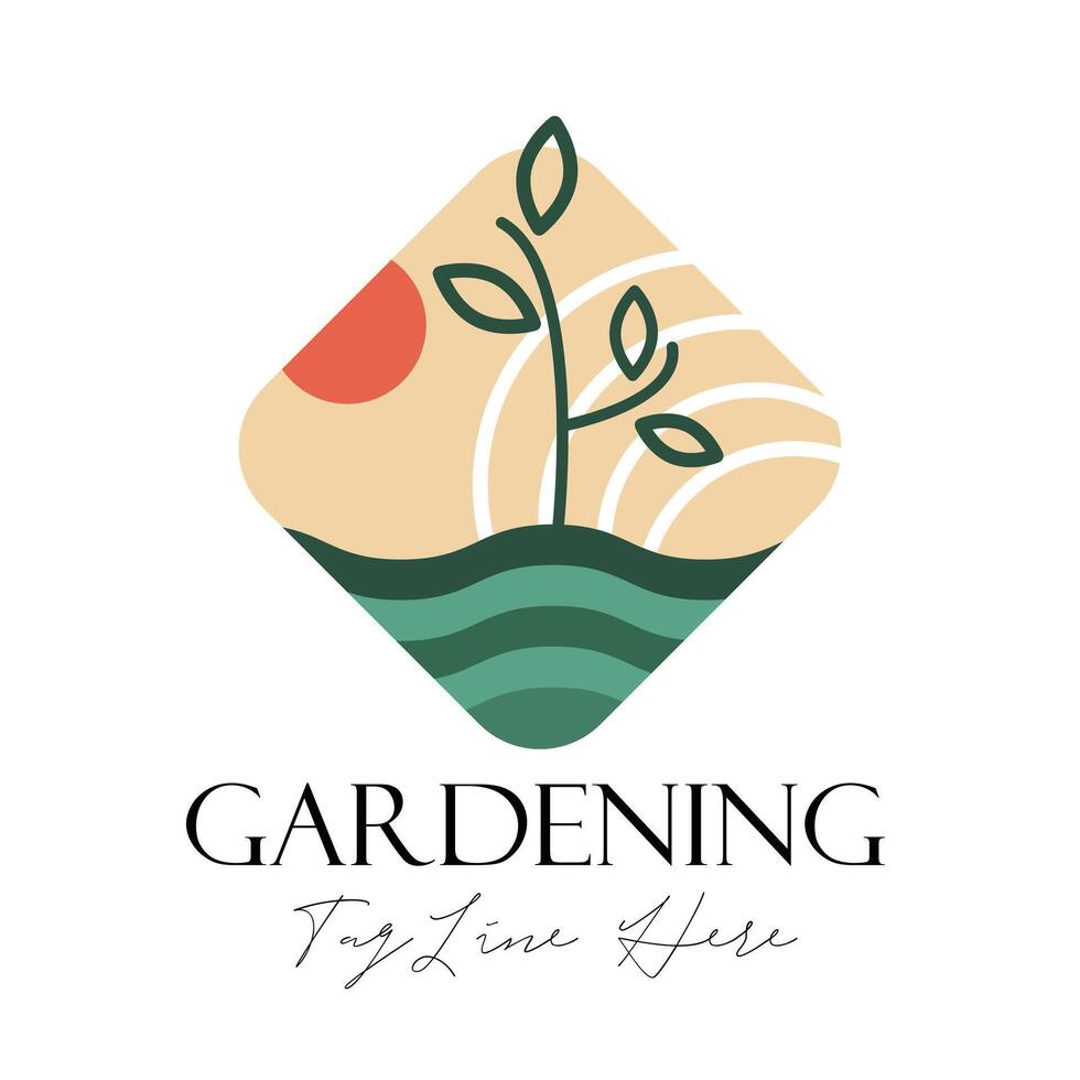 Gardening or planting ecology based logo illustration with dummy text and Sun and Plant line art on white background. vector