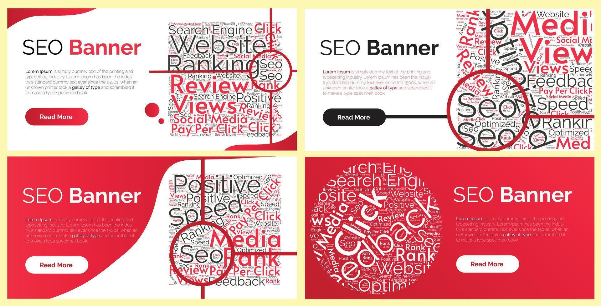 SEO or Seach Engine Optimization related 4 banner set with related word clouds illustration. vector