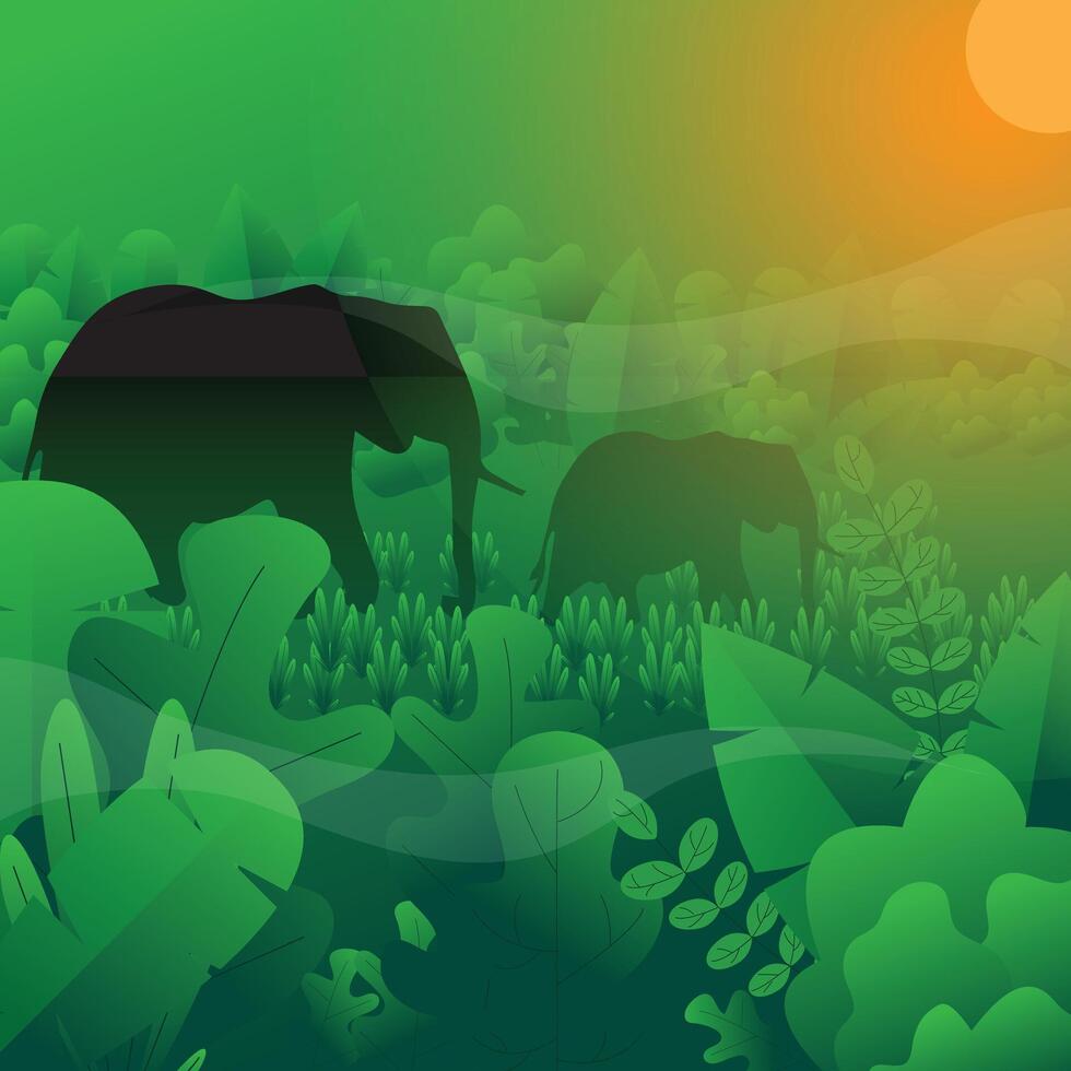 Elephants family walking through green forest illustration background.Green nature landscape with sunrise. vector